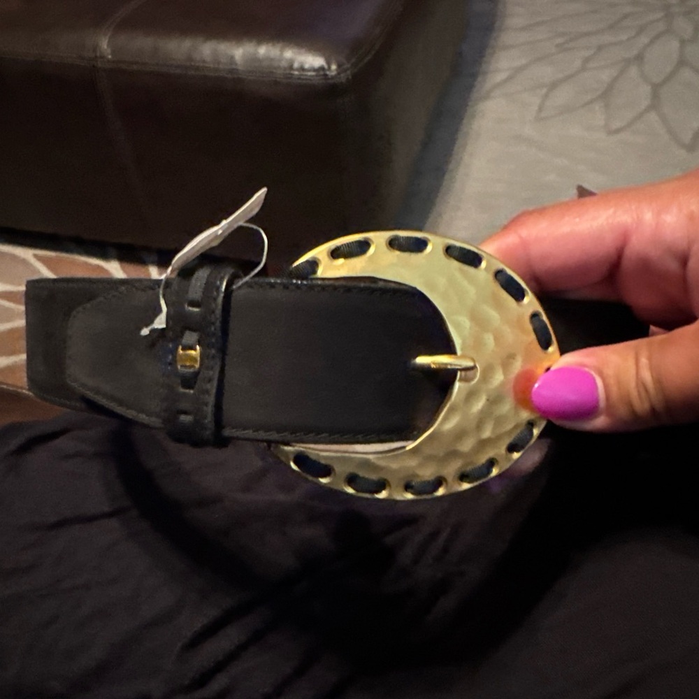 Salvatore Ferragamo Black Belt with Hammered Gold Buckle